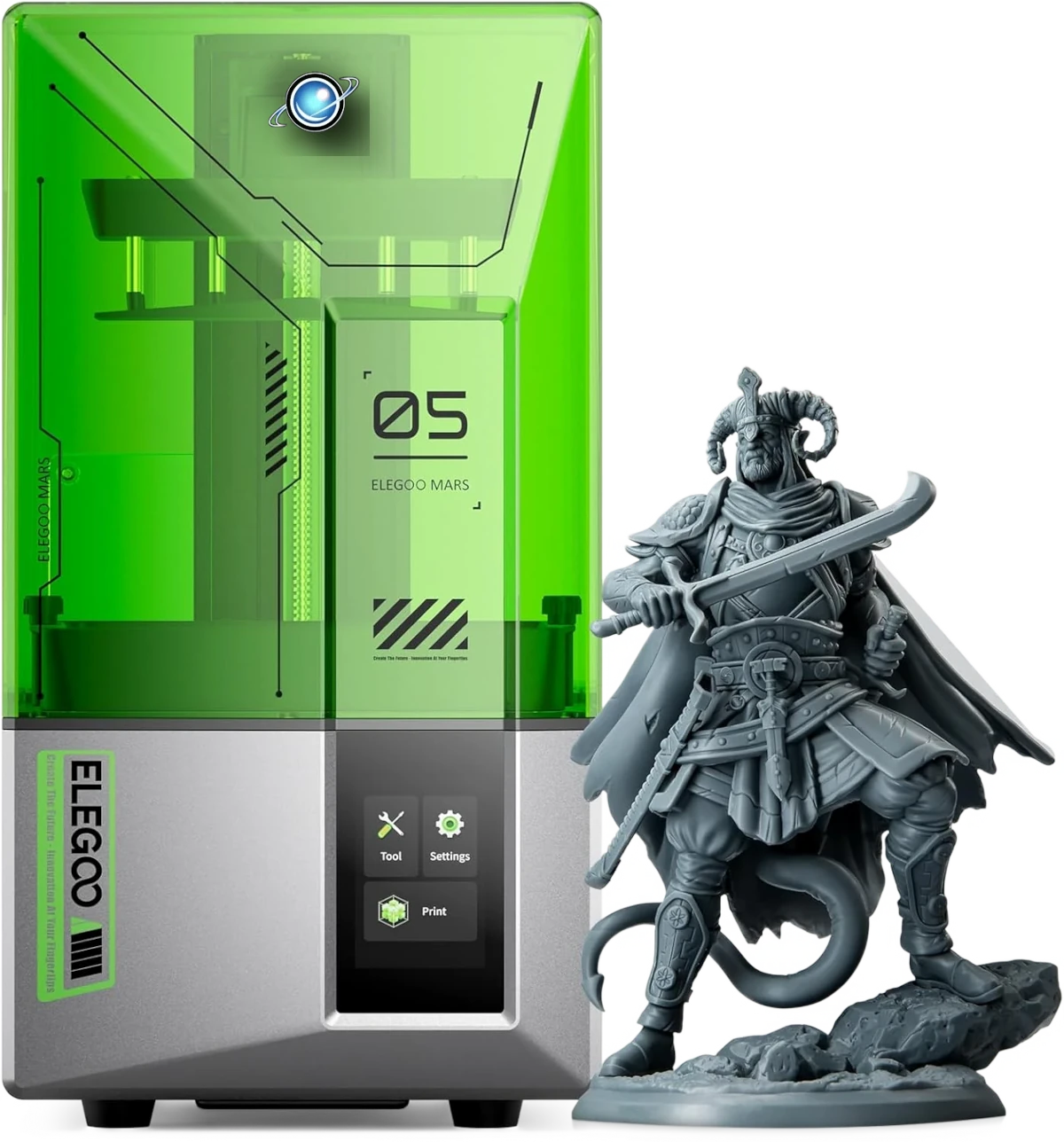 Impresora 3D Elegoo Mars 5 en acción, mostrando su pantalla de alta resolución y características avanzadas para impresión de modelos detallados en resina.