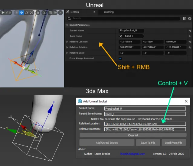 Interfaz de Add Unreal Socket en 3ds Max, mostrando la vinculación automática de props con sockets de un esqueleto dentro de Unreal Engine.