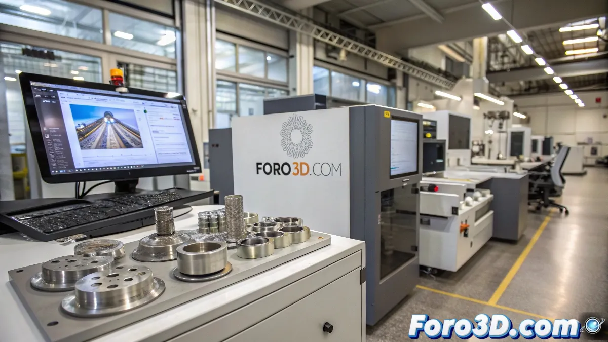 Componentes metálicos impresos en 3D en un laboratorio de Alloyed, mostrando detalles de aleaciones avanzadas y herramientas de fabricación aditiva.
