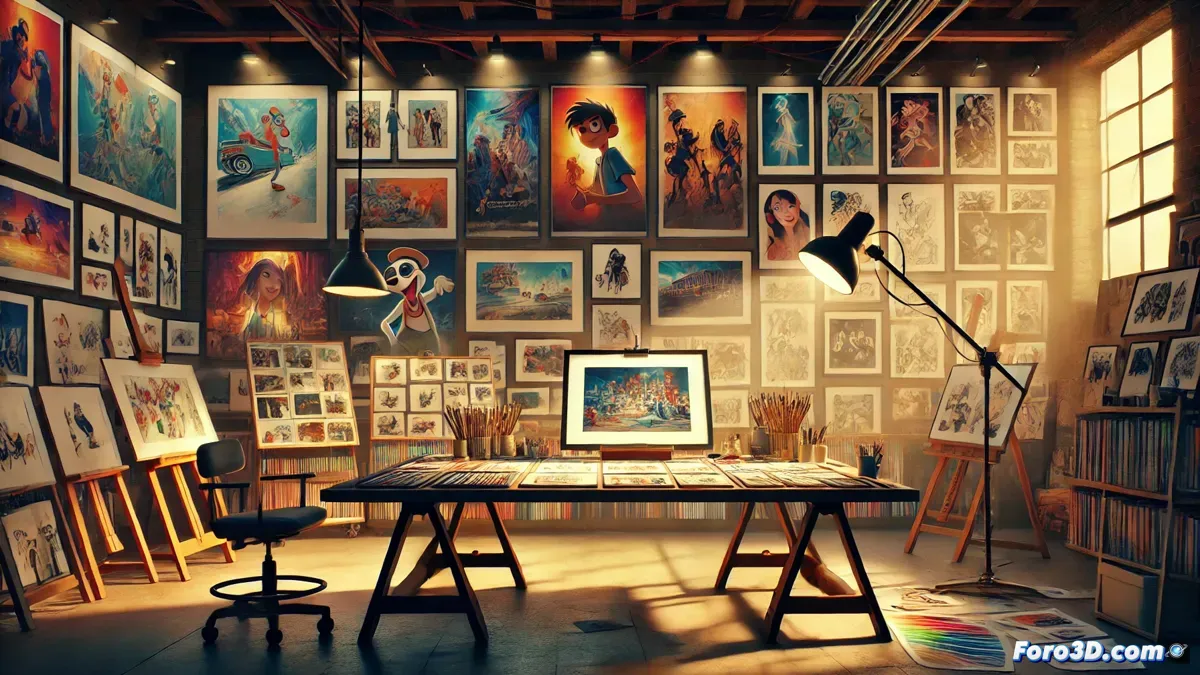 Un estudio de animación con artistas dibujando, rodeados de bocetos y un ambiente de solidaridad, reflejando el esfuerzo de AnimAID.