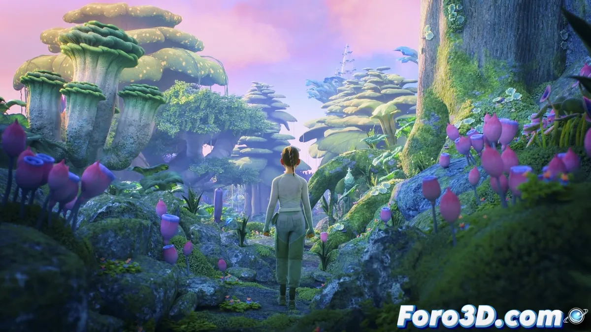 Eva 9 explorando un paisaje alienígena con su robot Otto, mientras escapan de drones perseguidores en un entorno colorido y futurista.