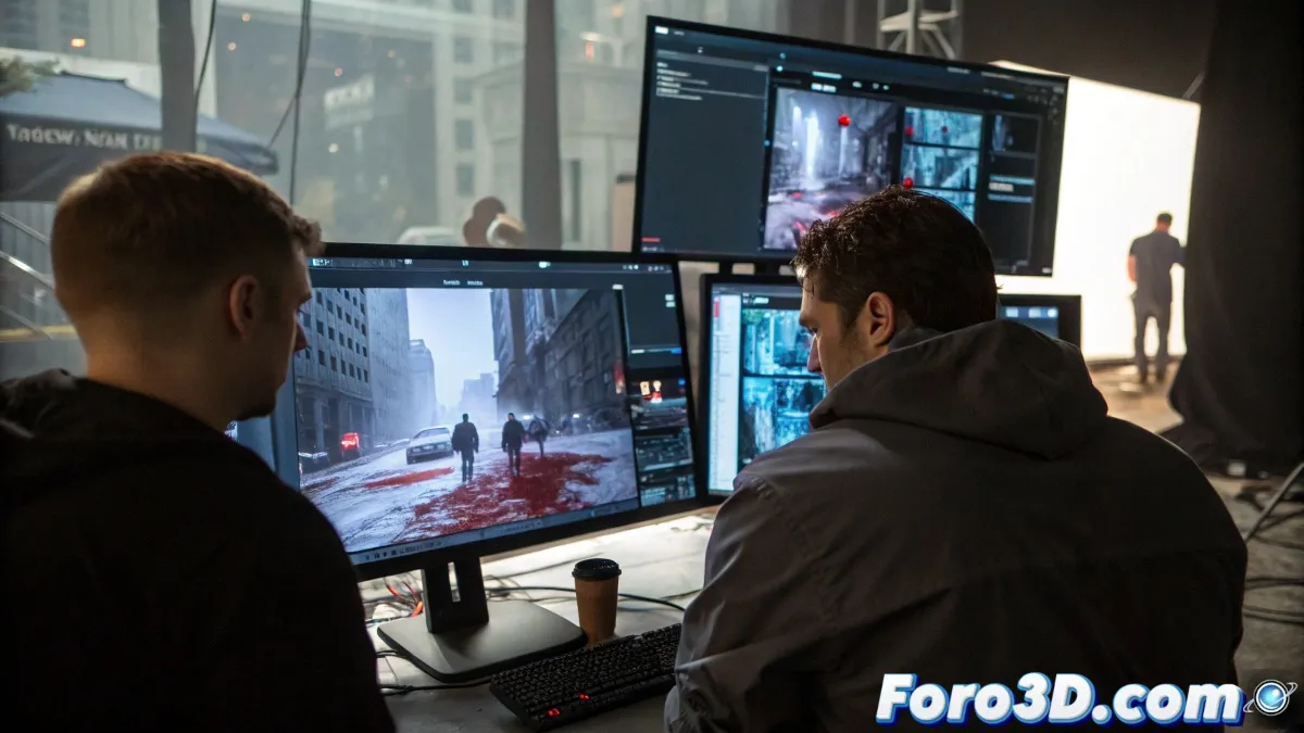 Equipo de artistas digitales trabajando en efectos visuales invisibles para una producción cinematográfica, mostrando pantallas con escenas antes y después del procesado.