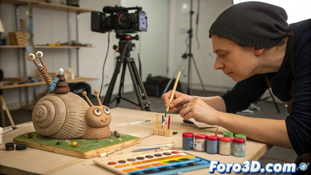 Detalle de un set de animación stop motion mostrando personajes de arcilla con texturas visibles, herramientas de animación y luces LED, capturando el proceso artesanal detrás de la película.