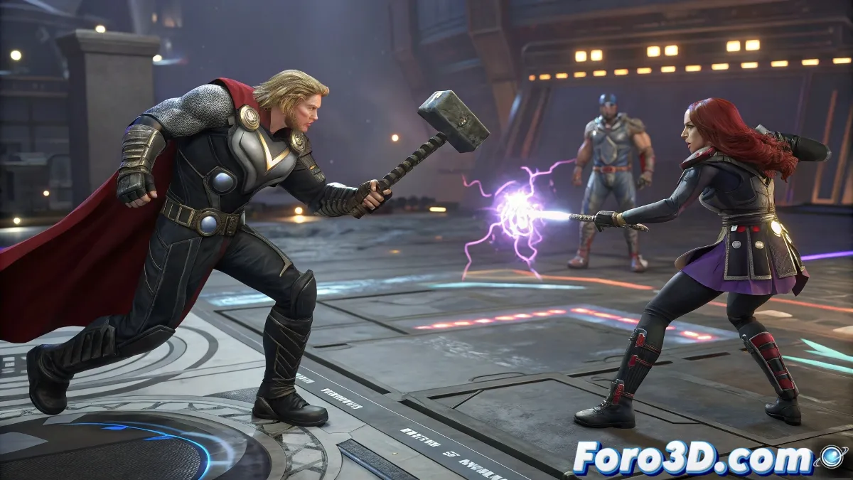 Spider-Man con el traje Scarlet Spider junto a Thor con su aspecto Reborn from Ragnarok en un escenario de Marvel Rivals, mostrando sus diseños exclusivos.