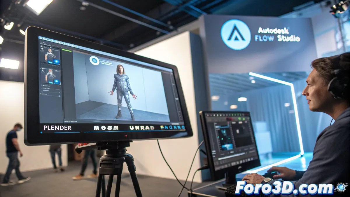 Autodesk Flow Studio integrando personajes 3D en videos con herramientas de inteligencia artificial para efectos visuales y animación avanzada.