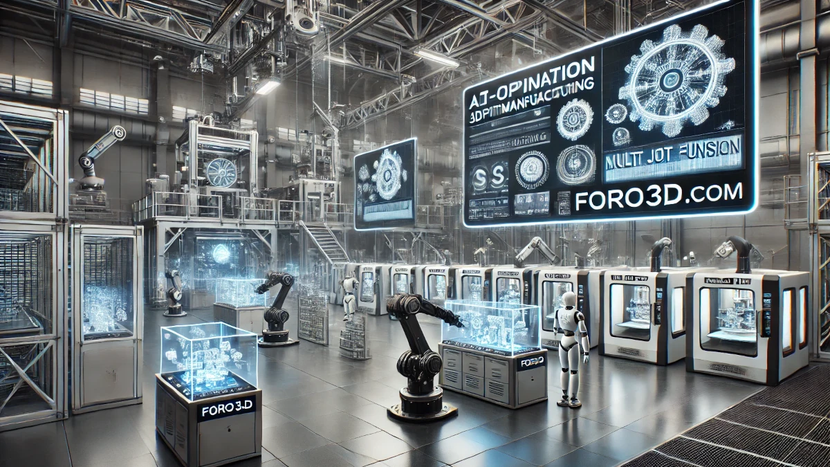 Sistema automatizado de impresión 3D en una fábrica, optimizando tiempos de producción y reduciendo errores mediante inteligencia artificial y gestión de procesos.