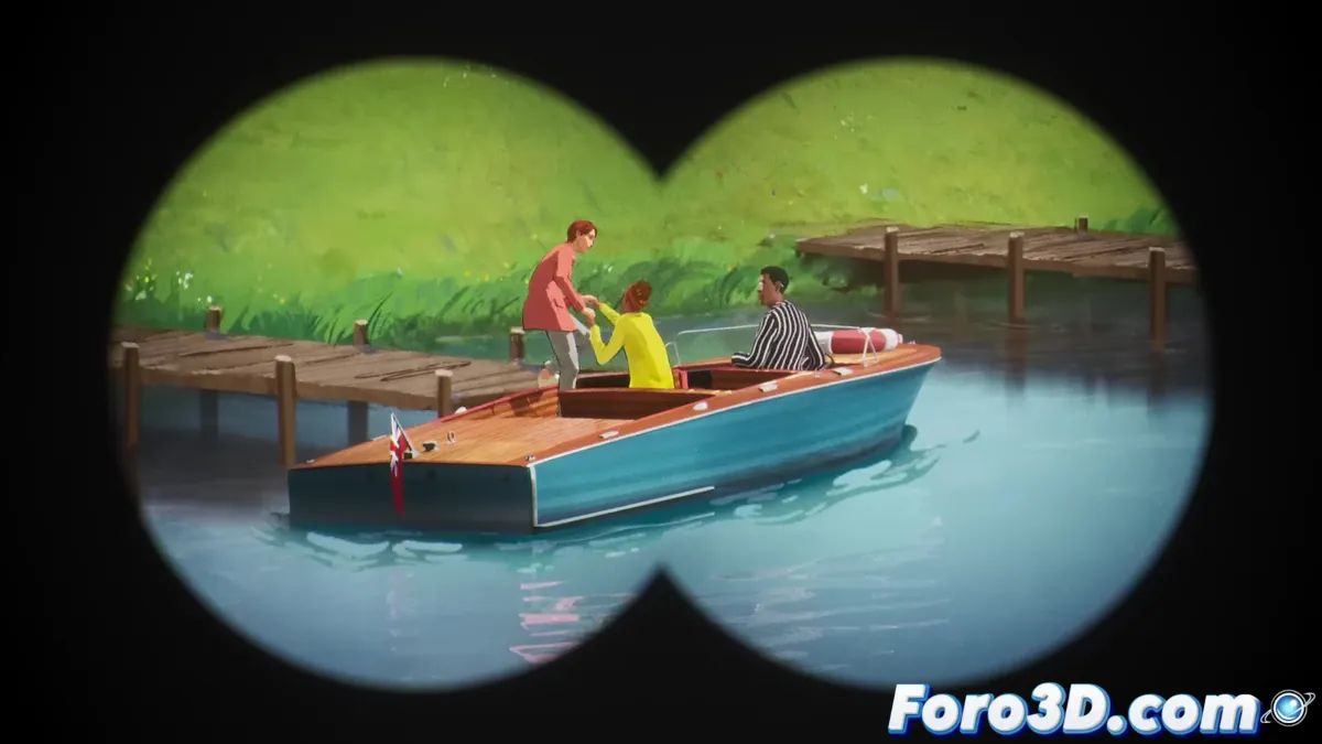 Paisajes animados en 2D y 3D con un tren en movimiento y personajes en busca de un anillo perdido.