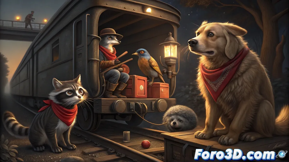 Ilustración de un tren en movimiento con animales asomando por las ventanas, liderados por un mapache en el techo del vagón mientras un tejón los observa desde la distancia.