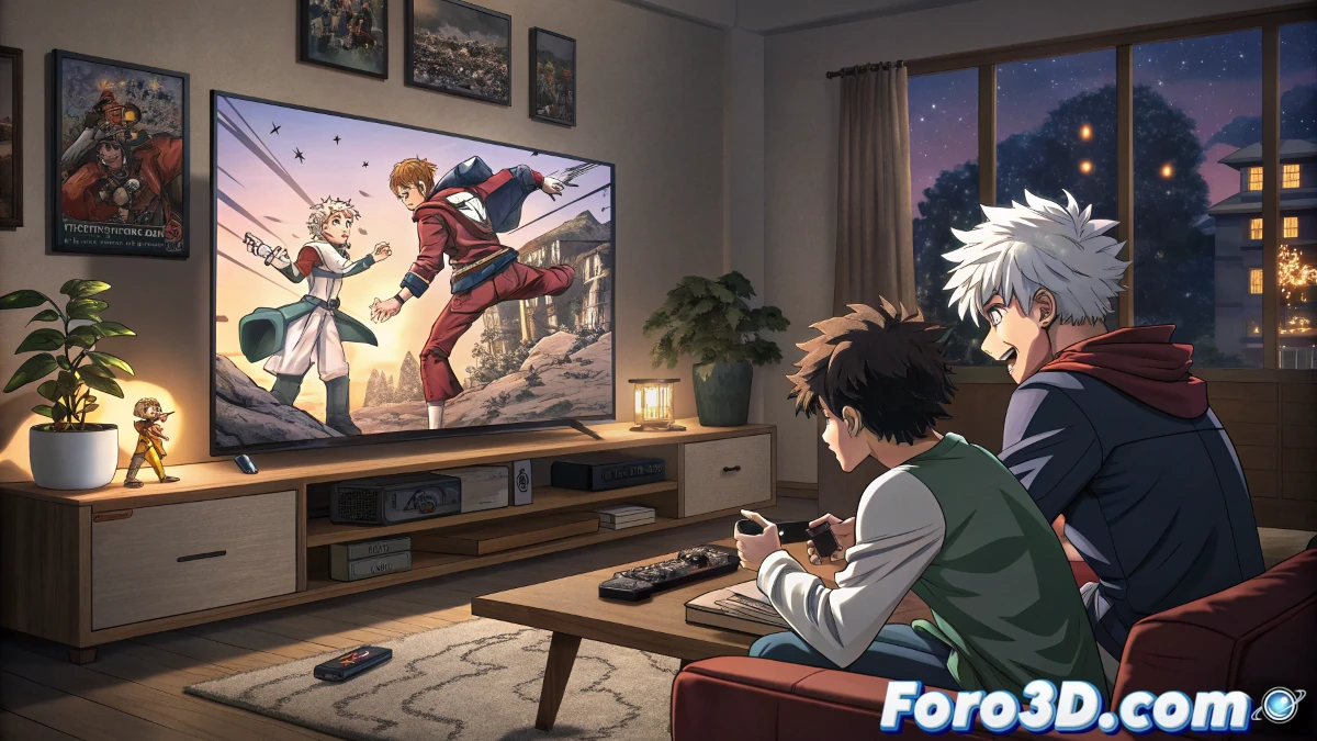 Ilustración detallada de una pantalla de televisión mostrando escenas icónicas de Fate/stay night: Unlimited Blade Works y My Hero Academia. La imagen debe capturar el estilo vibrante del anime, con luces de neón reflejándose en la pantalla. En el fondo, un grupo de jóvenes entusiastas observa con emoción la transmisión en un ambiente moderno y acogedor.