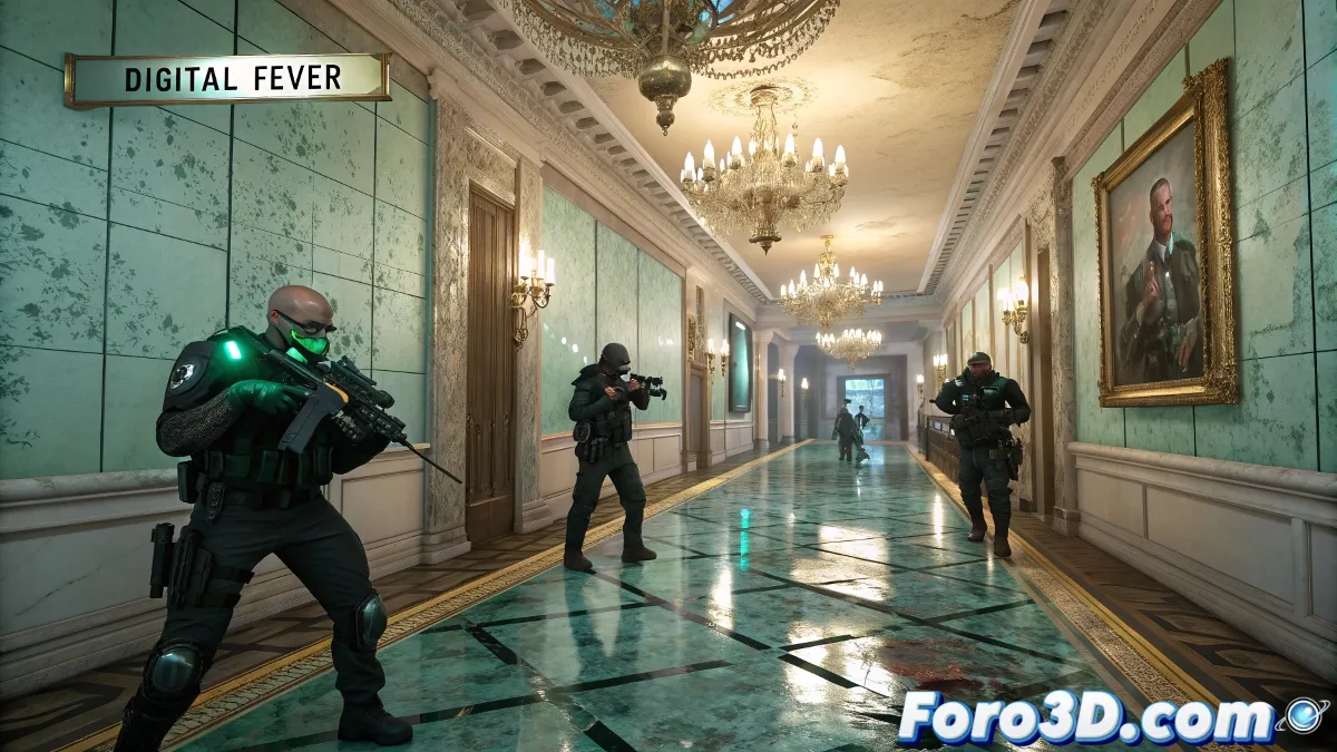 Mercenario generado por IA con rostro de bebé en pasillo lujoso destruido, con efectos glitch y armas futuristas, iluminación neón y atmósfera distópica.