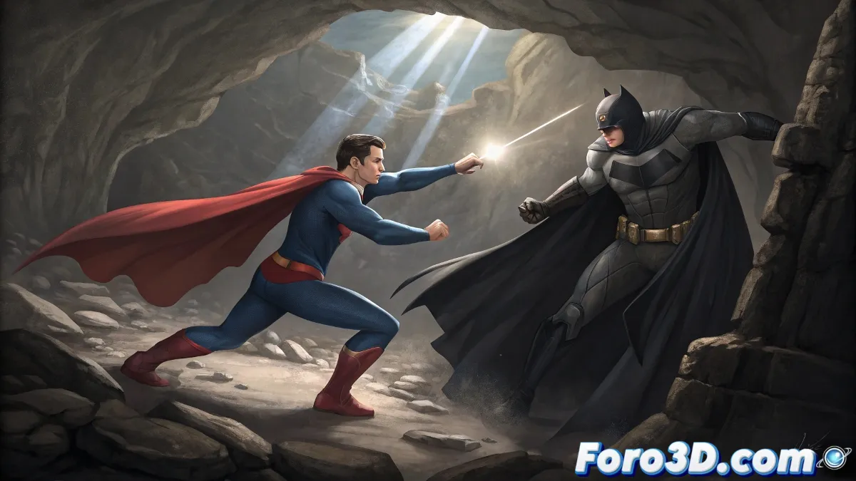 Batman con los poderes de Superman y Superman sin sus habilidades, en una escena dramática de cómic.