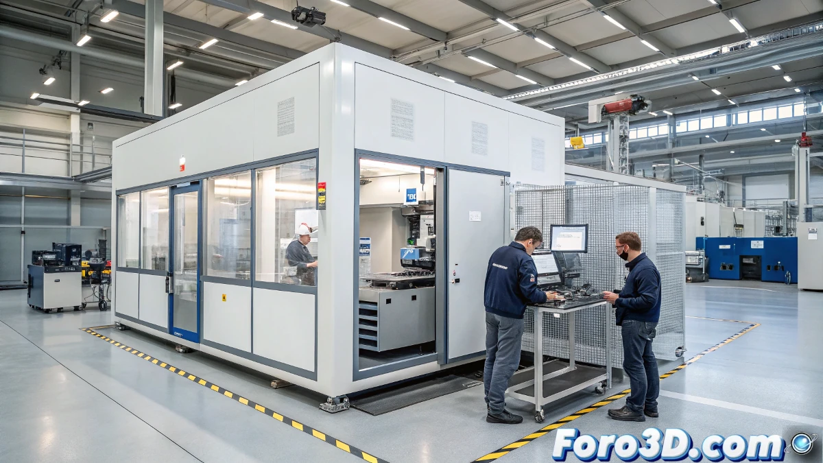 Imagen del Shopfloor Enclosure de Bruker Alicona, protegiendo el sistema FocusX en un entorno industrial, con operadores realizando mediciones precisas en la línea de producción.
