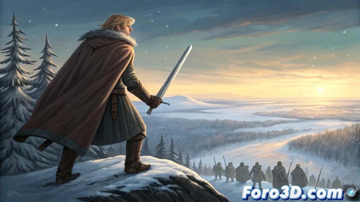 Thorfinn mirando al horizonte con expresión reflexiva mientras siluetas de guerreros y códigos de programación se entrelazan a su alrededor.