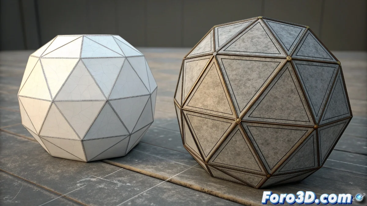 Vista de 3ds Max mostrando dos objetos, uno con las aristas de los polígonos visibles y otro sin ellas, usando un modificador Edged Faces.