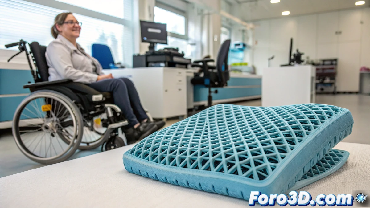Cojín WheelAir Custom Cushion impreso en 3D, con sistema de ventilación, colocado en una silla de ruedas, demostrando su diseño innovador y funcionalidad.