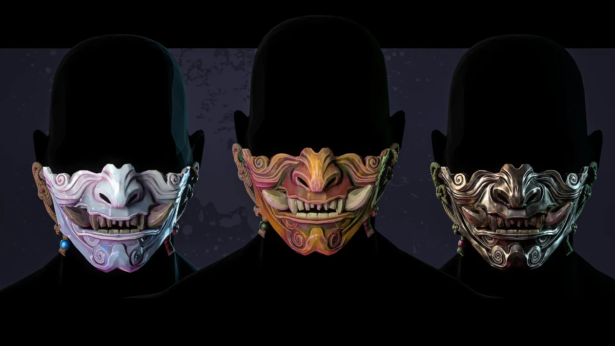 Render hiperrealista de una máscara samurái de metal envejecido con cicatrices y marcas de batalla. Los reflejos muestran desgaste natural y zonas oxidadas. Los rasgos faciales son imponentes, con sombras que intensifican su expresión. Iluminación dramática con fondo oscuro y destellos de luz cálida.