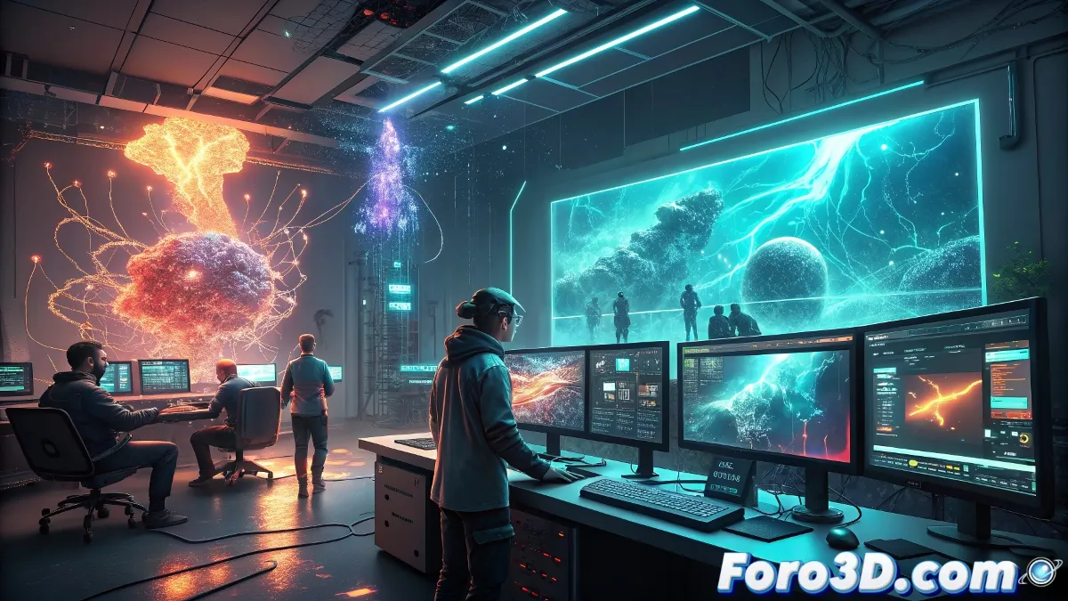 Una sala de trabajo de un estudio de animación futurista. En el centro, un animador utiliza una pantalla táctil gigante para modificar una escena de animación.
