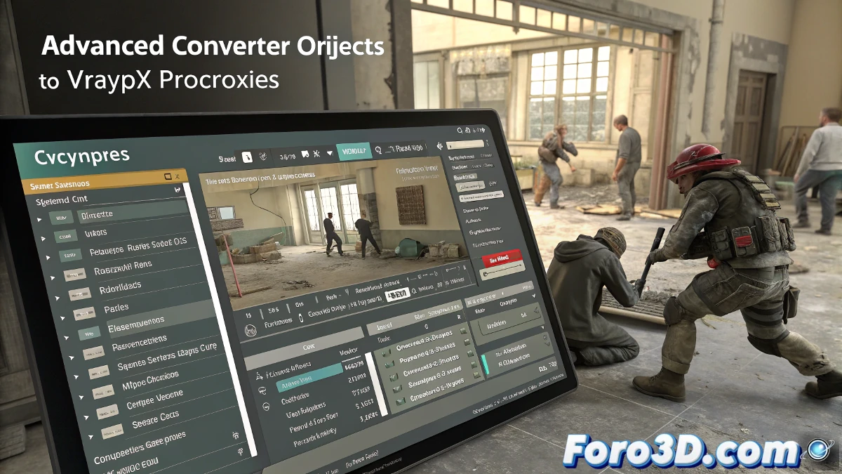 Una interfaz de 3ds Max con una escena 3D abierta, mostrando múltiples VrayProxies organizados con materiales aplicados. En una ventana lateral, una vista previa de miniaturas generadas con iluminación HDRI. Texturas bien organizadas en una estructura de carpetas visibles en la interfaz.
