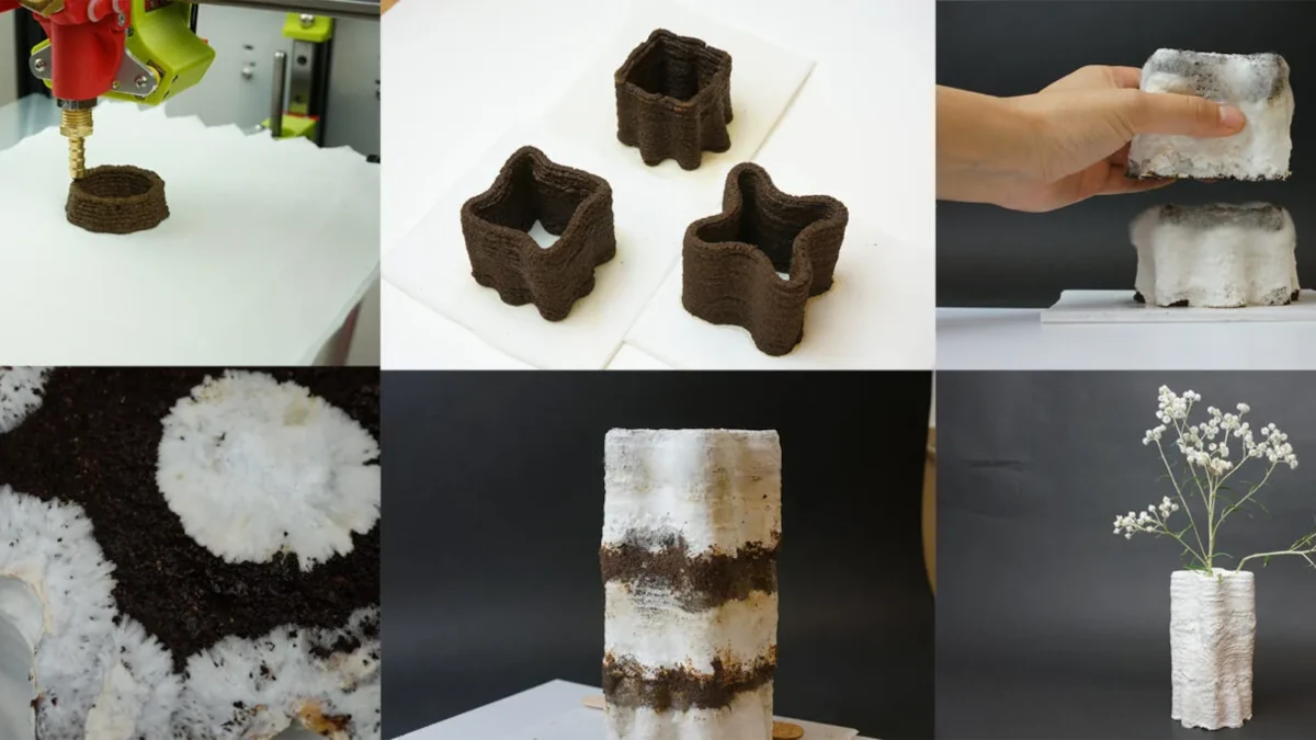 A detailed 3D-printed biodegradable packaging material made from coffee grounds and mycelium, showcasing a textured, organic surface. The material appears lightweight and eco-friendly, with a natural brown hue and visible filamentous structures. The background includes a sustainable laboratory setting with green elements.