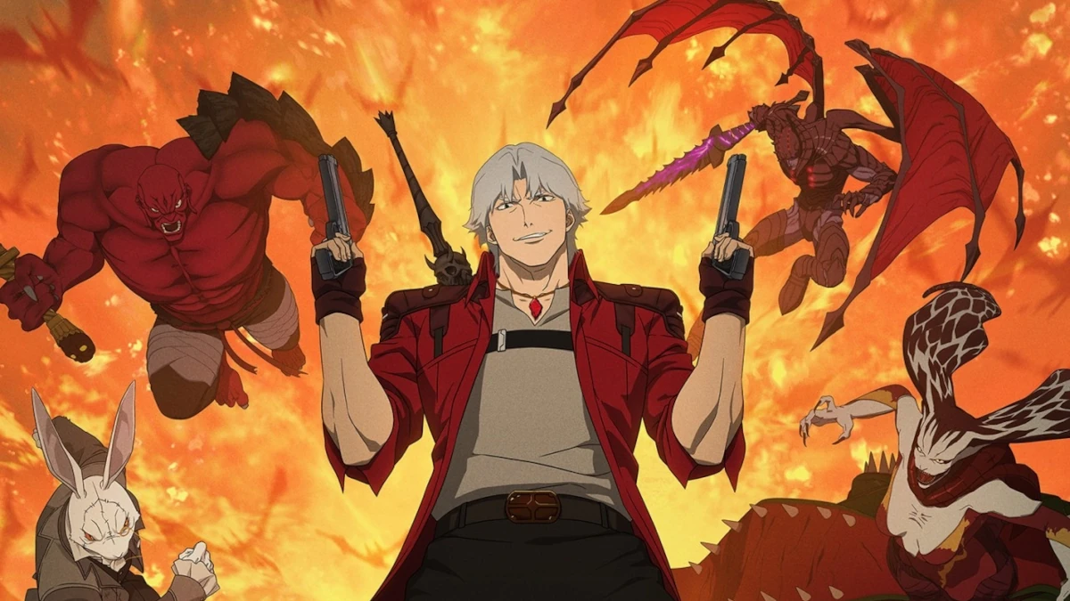 Escena de Devil May Cry mostrando a Dante en acción, con su espada y pistolas, enfrentándose a demonios en un entorno oscuro y gótico.