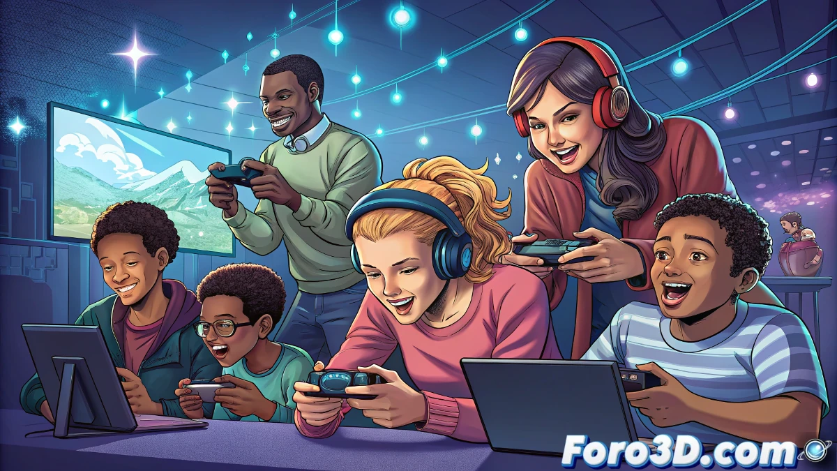 Grupo diverso de personas jugando videojuegos en diferentes dispositivos, desde consolas hasta móviles, en un ambiente moderno y tecnológico.