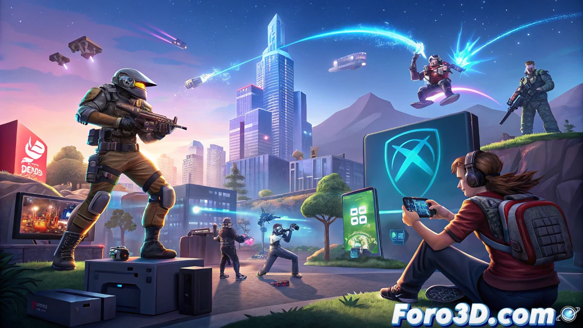 Imagen de jugadores compitiendo en Fortnite, con gráficos coloridos y un evento en vivo en pantalla, representando el éxito de los juegos como servicio.