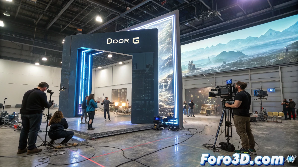 Pantalla LED en forma de J de Door G, iluminando un estudio moderno con tecnología de vanguardia para producciones audiovisuales inmersivas.