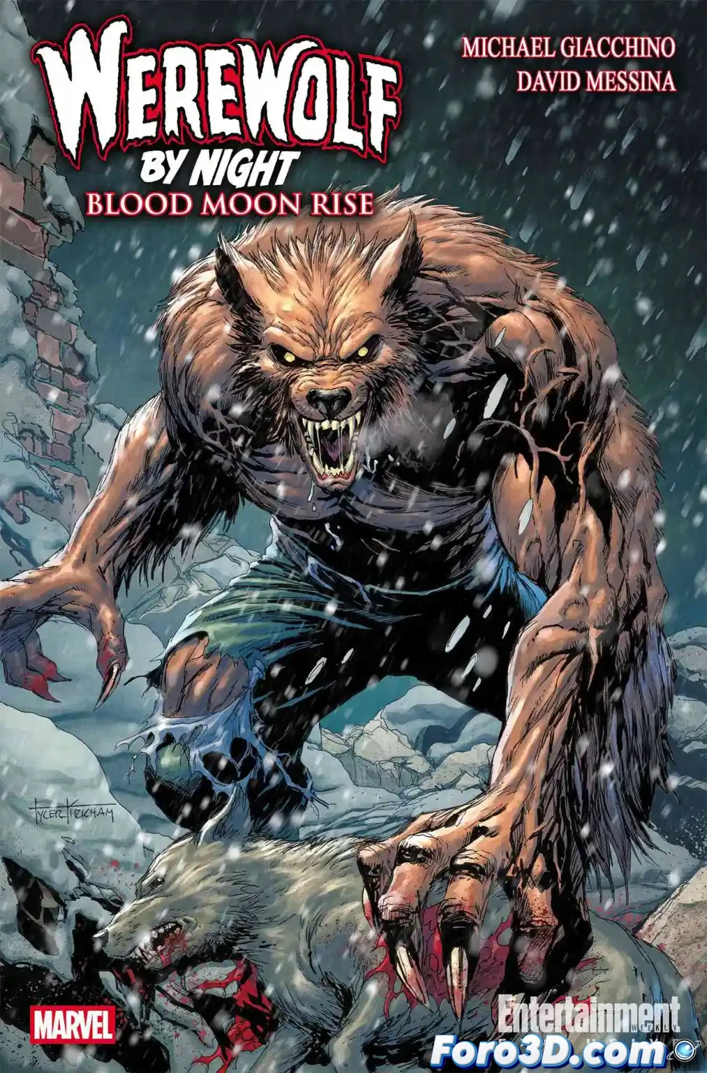 Portada de cómic que muestra a Drácula y el Hombre Lobo enfrentados en un bosque nocturno bajo la luna llena, con estilo que mezcla el terror clásico y el arte moderno de Marvel.