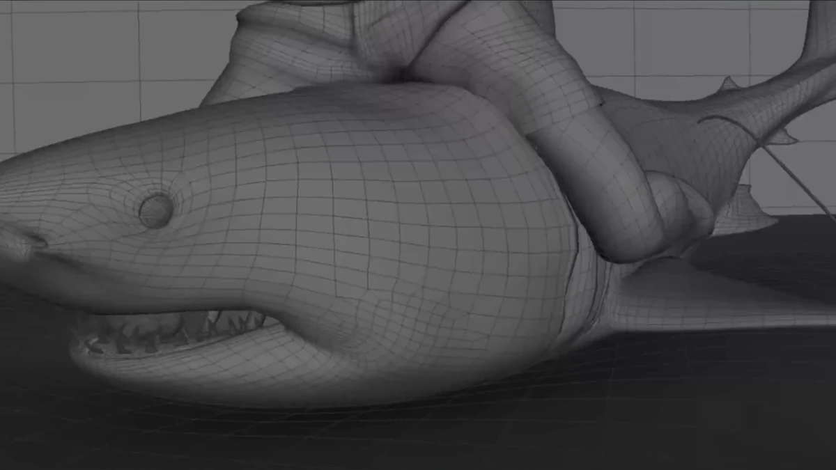 Artistas digitales trabajando en estaciones de VFX, mostrando pantallas con simulaciones de agua y multitudes para una serie histórica ambientada en el Japón feudal.