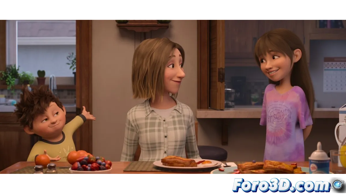 Escena de En tus sueños mostrando a los hermanos Stevie y Elliot en un mundo de sueños surrealista, con una jirafa de peluche sarcástica y alimentos zombis.