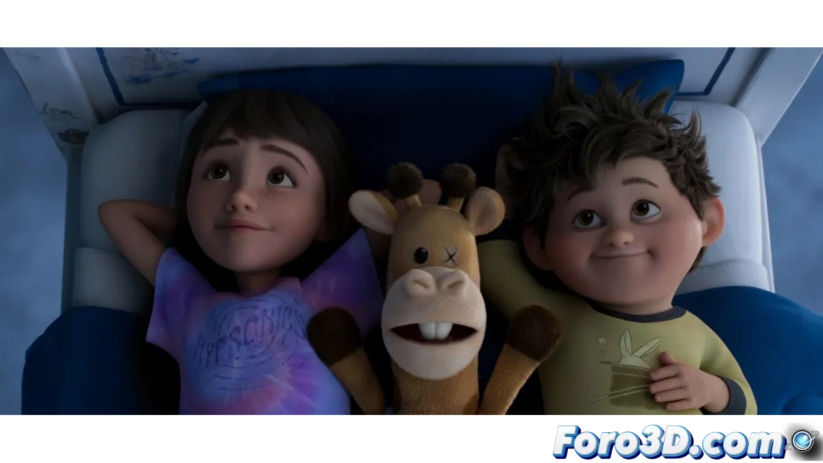 Escena de En tus sueños mostrando a los hermanos Stevie y Elliot en un mundo de sueños surrealista, con una jirafa de peluche sarcástica y alimentos zombis.