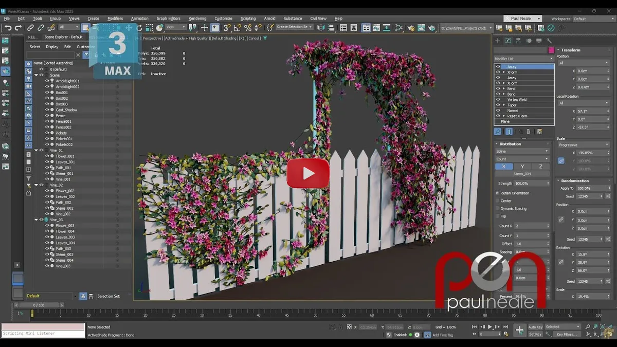 Enredaderas procedurales en 3ds Max usando modificadores nativos