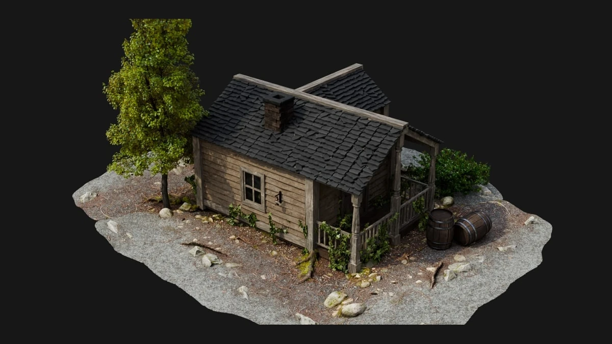 Imagen de una casa generada con House Craft, mostrando detalles como ventanas, puertas, chimenea y efectos de destrucción, en un entorno rural realista.