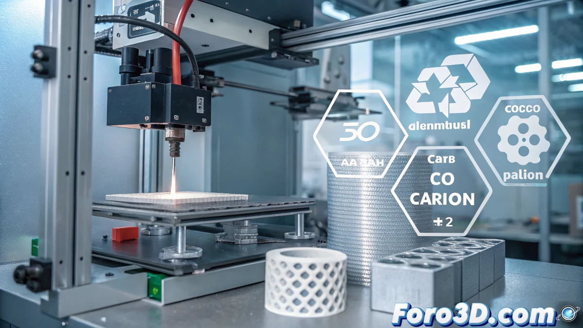 Imagen de una impresora 3D de EOS fabricando piezas con aluminio reciclado, en un entorno industrial moderno, destacando la sostenibilidad y la innovación tecnológica.