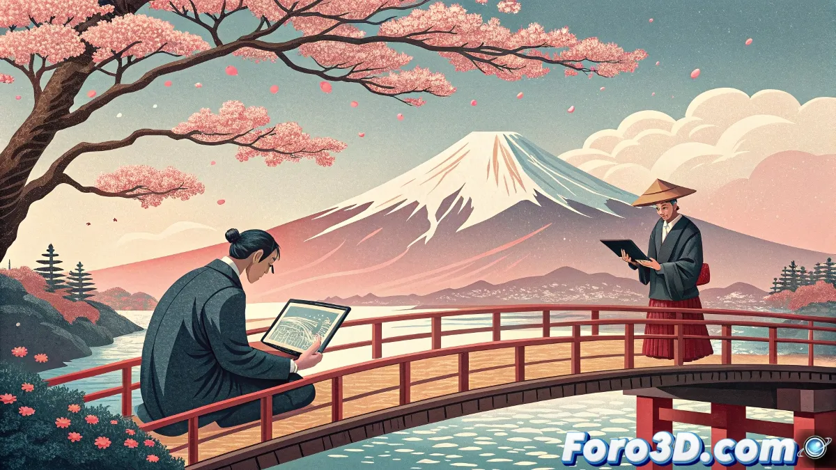 Ejecutivos japoneses y occidentales revisando estrategias de negocio con mangas y dispositivos digitales sobre una mesa de reuniones modernas.