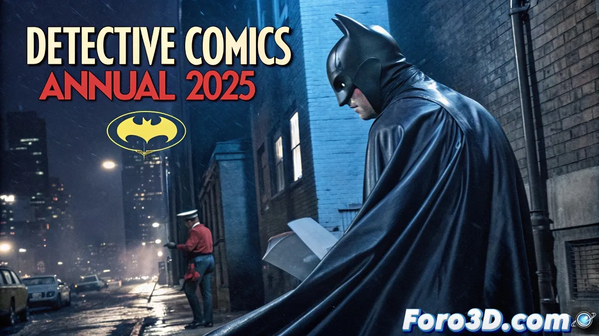 La imagen muestra a Batman en una calle oscura, con una postura detectivesca, investigando una escena del crimen iluminada por una luz tenue.