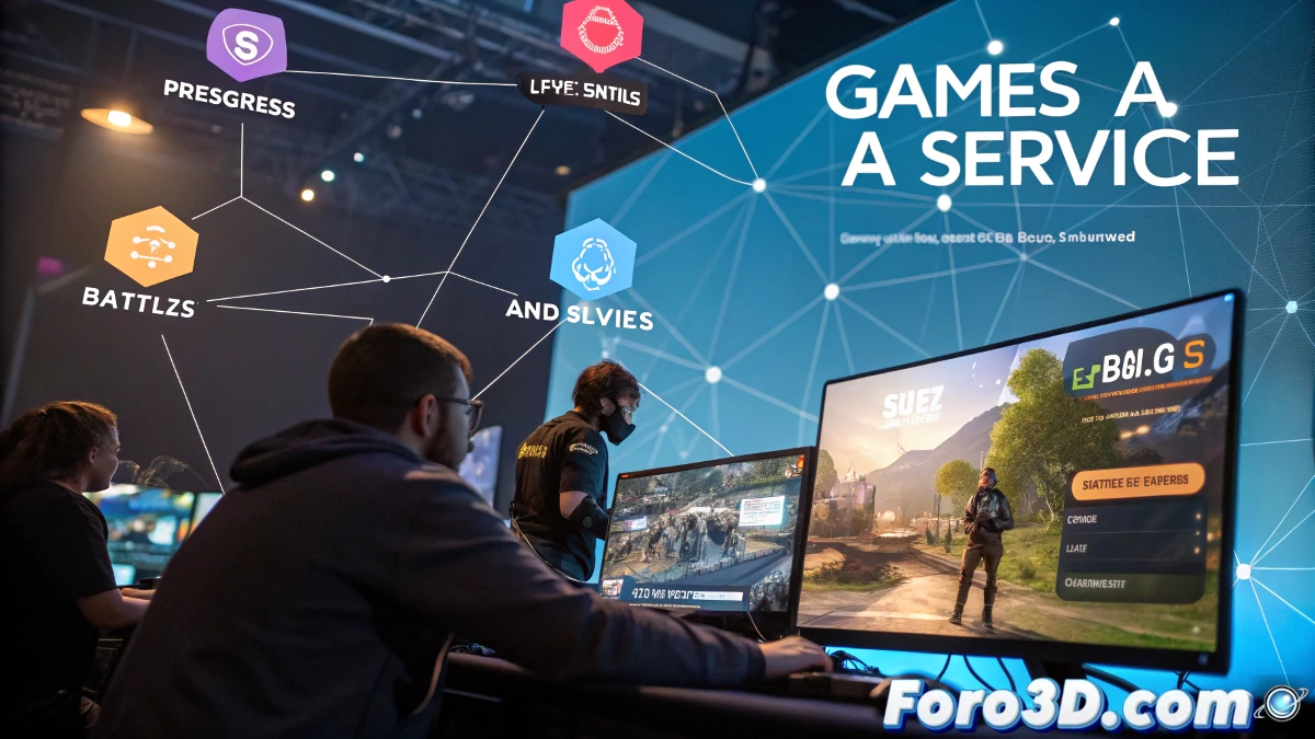 Imagen de jugadores interactuando en un juego en línea, con una interfaz que muestra eventos temporales y microtransacciones, representando el modelo de juegos como servicio.