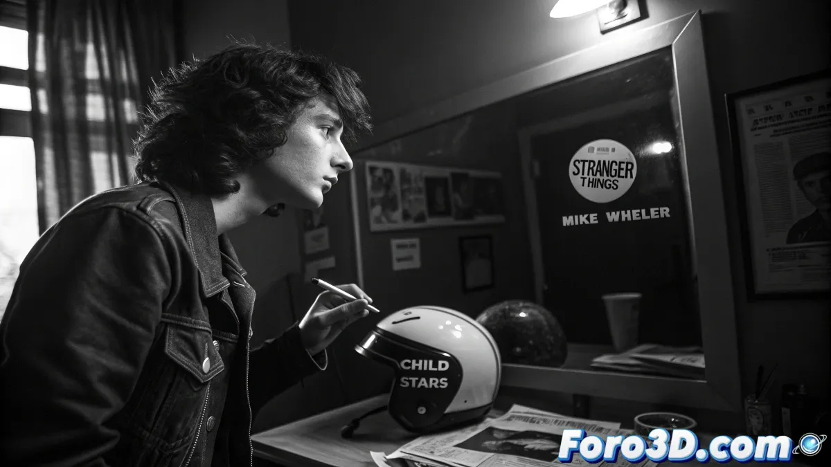 Finn Wolfhard como Mike Wheeler en Stranger Things con expresión reflexiva, fondo oscuro que simboliza los desafíos de crecer bajo los reflectores.