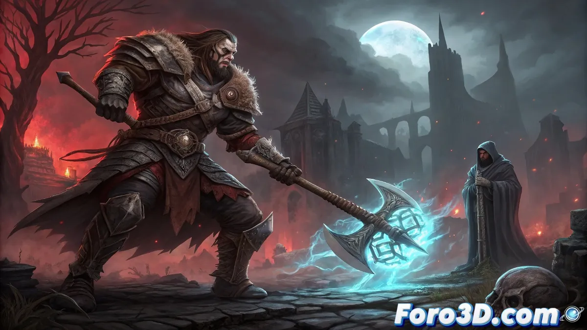 Khazan en combate con diferentes armas, mostrando interfaz de stats y Primeval Regression Orb en primer plano, estilo dark fantasy con iluminación dramática