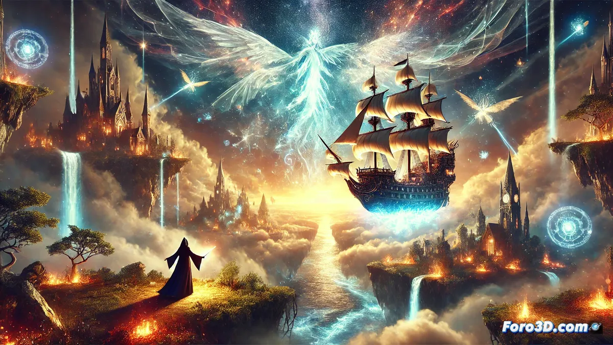 El majestuoso Flying Ship sobre un cielo estrellado, envuelto en magia y luz, mientras Iván y Zabava desafían su destino en una batalla épica.