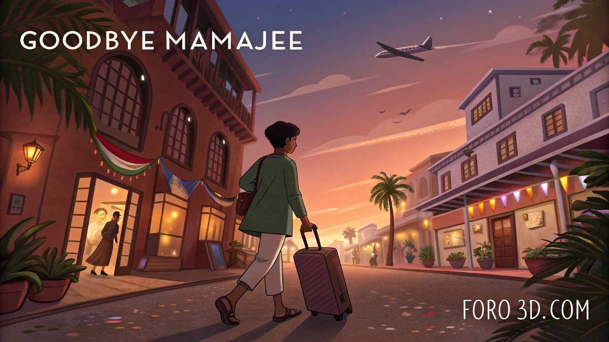 Escena de 'Goodbye Mamajee' mostrando las coloridas calles de Pondicherry, con Noor en primer plano, reflejando su conflicto emocional antes de partir.