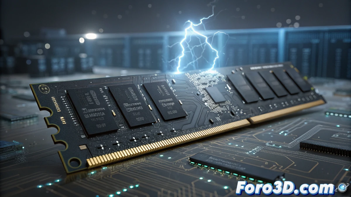 Imagen de una tarjeta de memoria G.SKILL DDR5 R-DIMM con un diseño avanzado de 16 capas en el PCB, mostrando los componentes internos como diodos de supresión de voltaje y fusibles. La imagen debe incluir detalles técnicos y un fondo que resalte la tecnología de alto rendimiento y la fiabilidad.