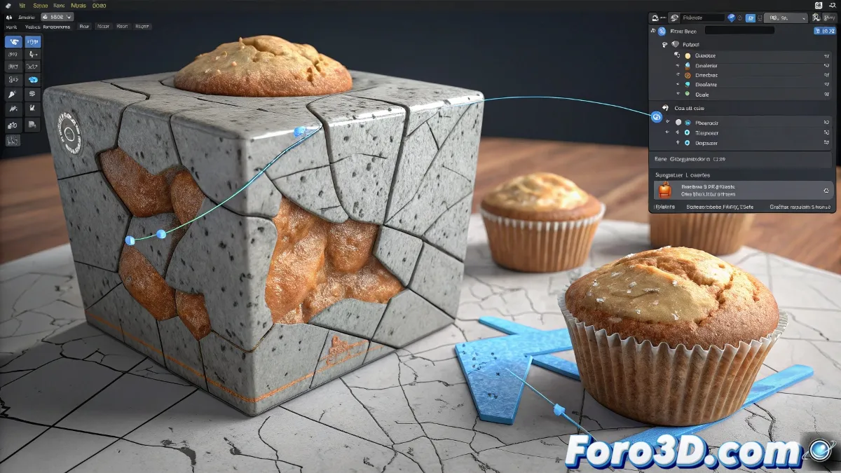 Ilustración 3D mostrando el proceso de baking entre un modelo high poly detallado y su versión low poly con normal map aplicada.