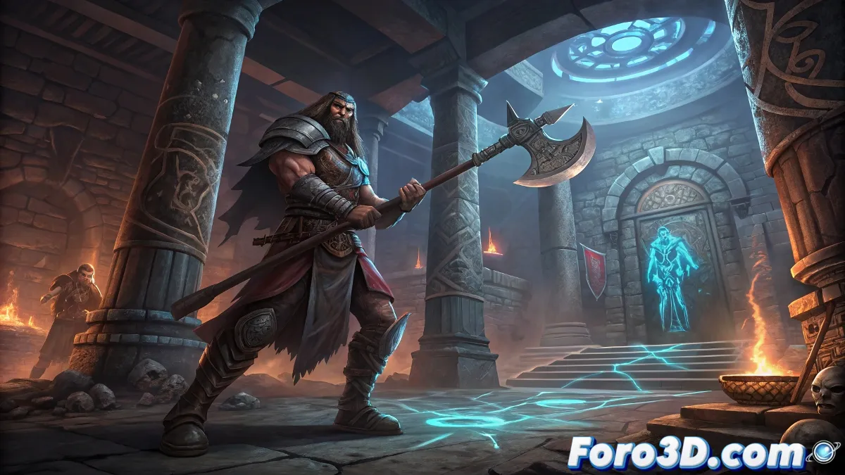 Khazan el berserker en el Templo Olvidado con su hacha, frente al mecanismo giratorio y tres dragonkin entre sombras, mientras tres piedras de alma flotan con energía azul en un ambiente de ruinas antiguas iluminadas tenuemente.