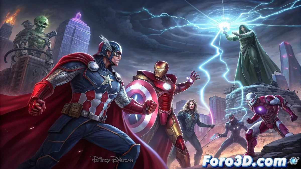Avengers y Maestros del Mal luchan juntos contra Doctor Doom en una batalla épica, ilustración de cómic Marvel