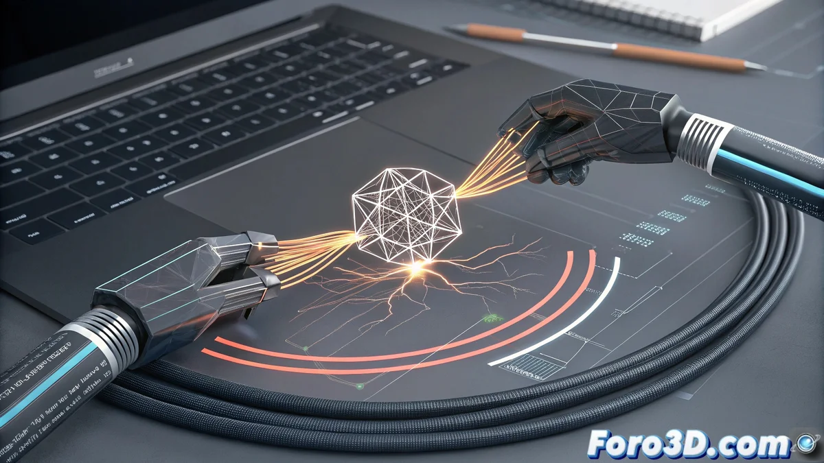 Vista de Maya mostrando cables digitales entrelazados alrededor de una mano 3D, con el sistema nHair y colisionadores visibles en la interfaz.