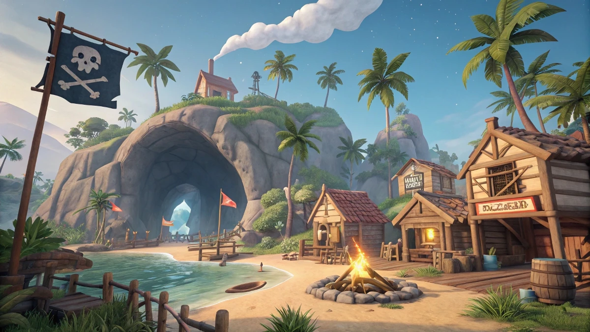 Escena colorida de un pueblo pirata en 3D con palmeras y cueva, estilo cartoon, creado con herramientas de IA en Horizon Worlds.