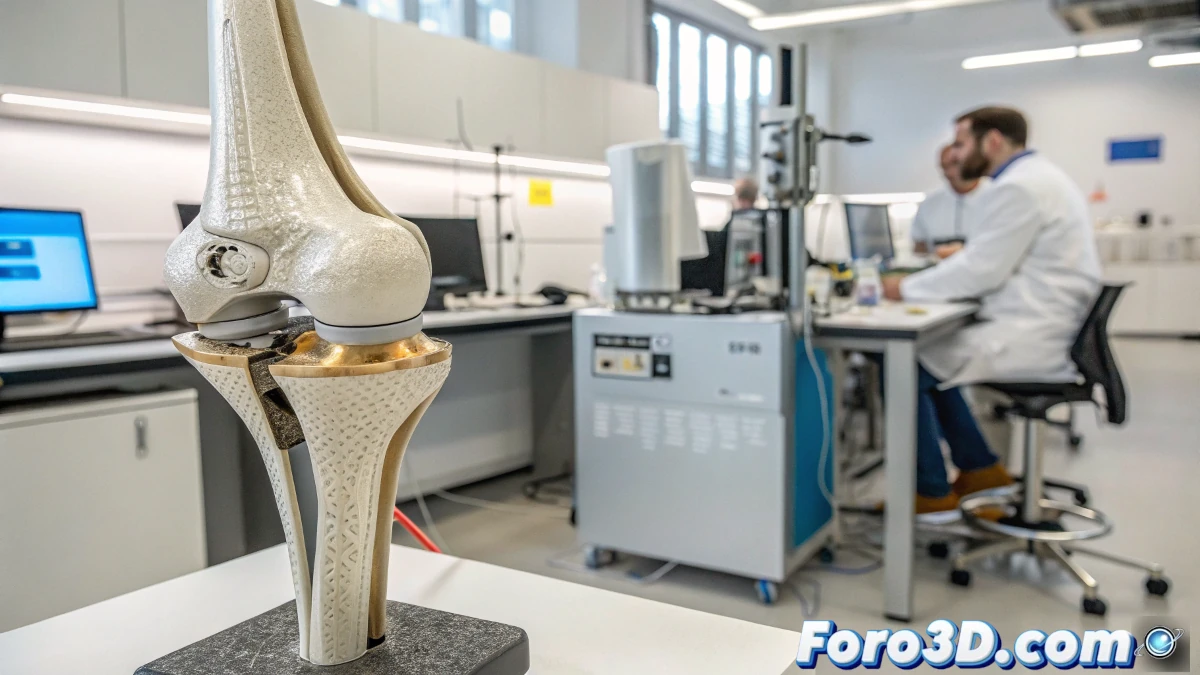 Implante de rodilla impreso en 3D en un laboratorio médico moderno, con detalles de textura metálica y herramientas de ingeniería biomédica en segundo plano.