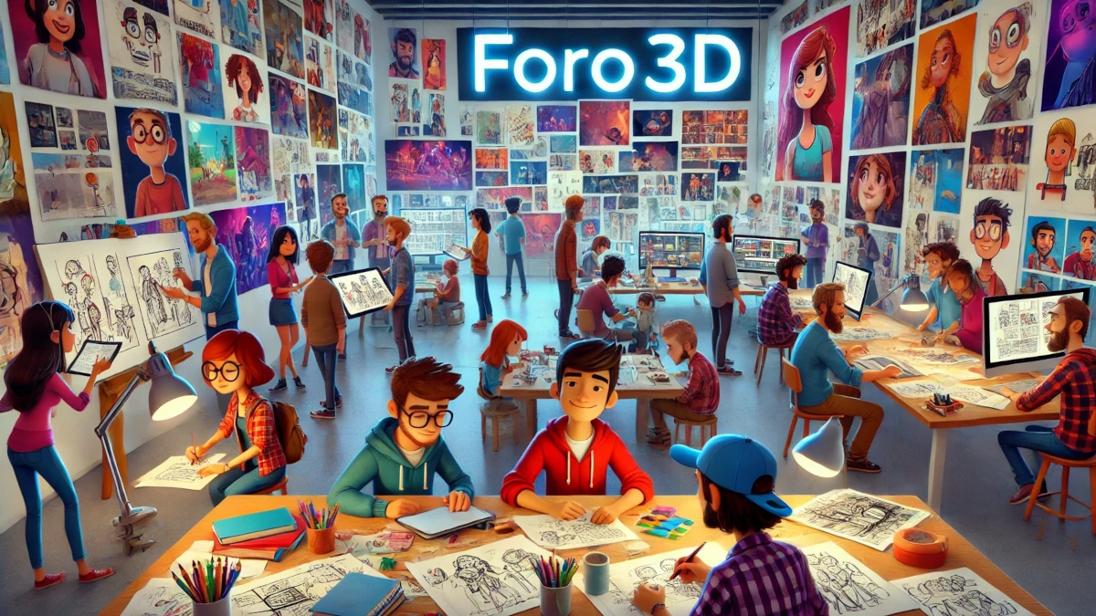 Jóvenes artistas y guionistas trabajando en un estudio de animación con mentores experimentados.