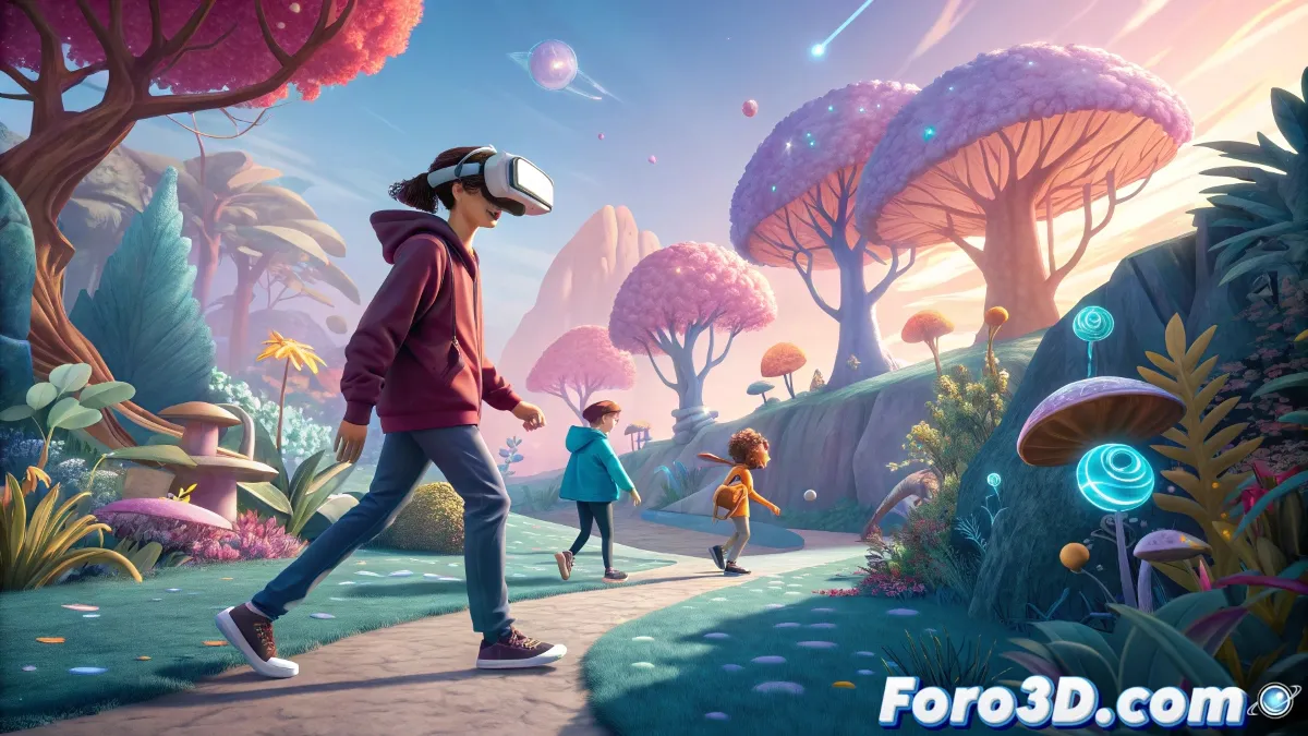 Ilustración futurista que muestra a una persona interactuando con personajes animados en 3D que emergen de una pantalla hacia el espacio real, representando la fusión entre animación y realidad aumentada.